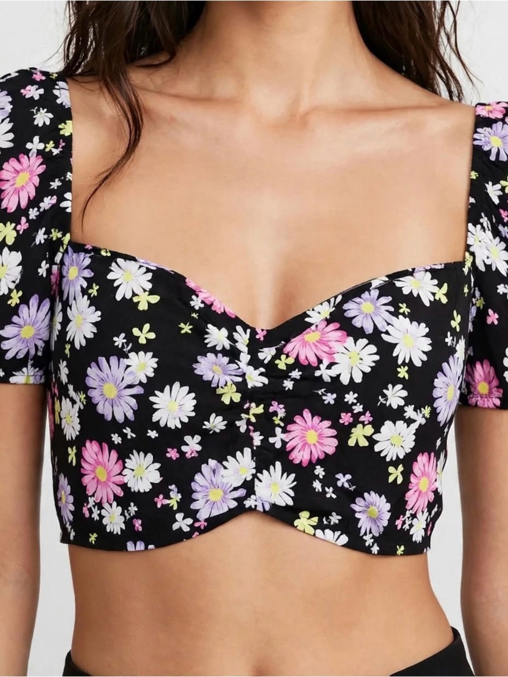 H&M Divided Crop Top Puff Sleeve Black Floral Plus Size 4XL Peasant Cottage NWT‎